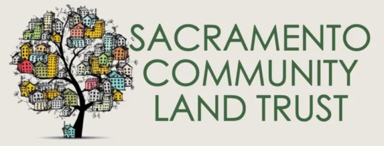 Sacramento Community Land Trust logo with illustrated tree of homes